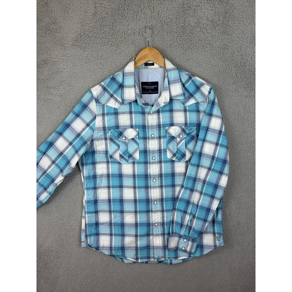 American Eagle Outfitters Shirt Mens Large Blue Plaid Long Sleeve Snap Western